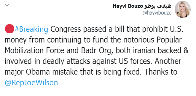 الكونغرس الامريكي يوقف تمويل الحشد الشعبي وفيلق بدر وحزب الله العراقي